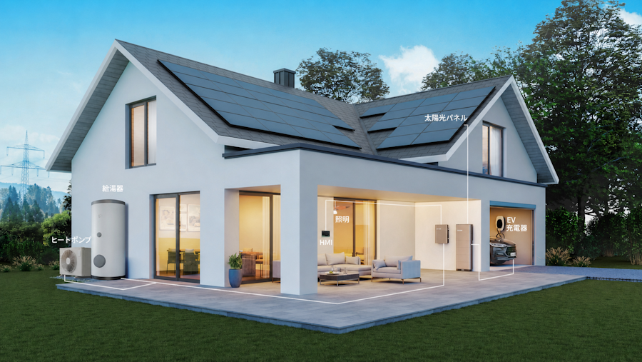 太陽光パネル、家庭用蓄電池、EV充電器、ヒートポンプ給湯器、エネルギー管理システムを備えた住宅